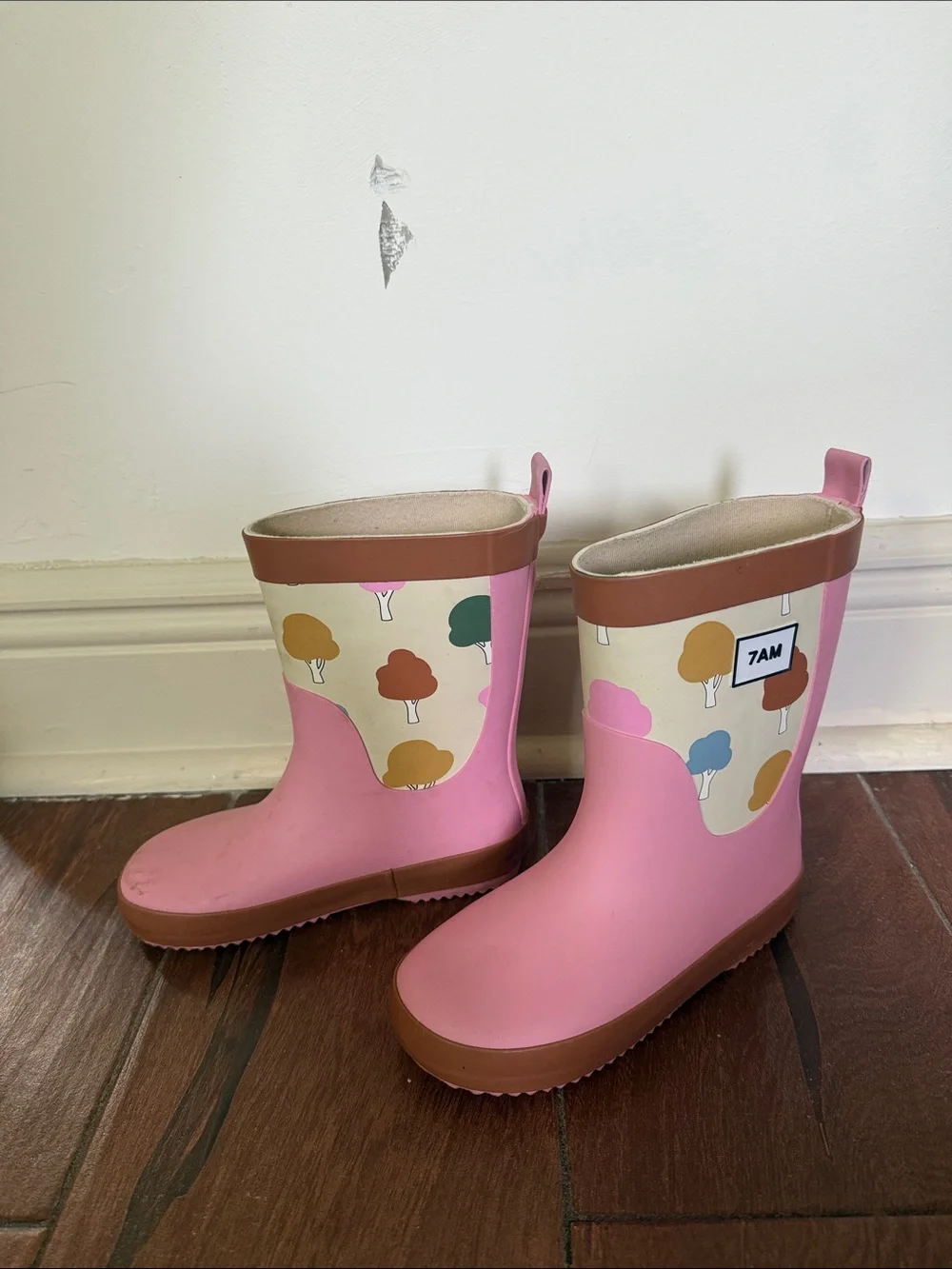 Kids Pink Waterproof Rain Boots with Tree Motif